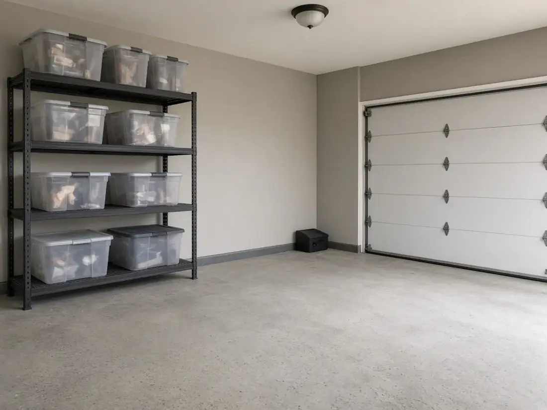 Clean garage with sealed bins on shelves, a new door seal and a rodent bait station
