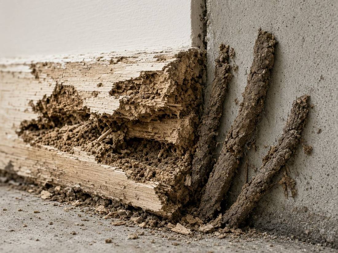 Termite damaged baseboard with mud tubes on a concrete slab
